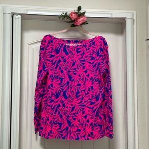Lilly Pulitzer Aleah Long Sleeve Top in Pink Grenadine Flocking To Paradise, XL.